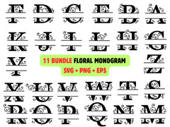 11 Floral Monogram SVG Bundle Alphabet PNG Botanical Split Letter Wedding Cricut