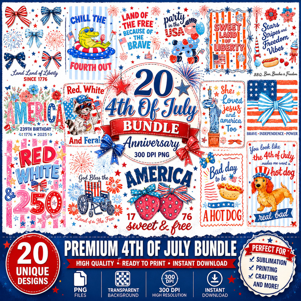 4th of July USA 250th Anniversary PNG Bundle, Digital Download