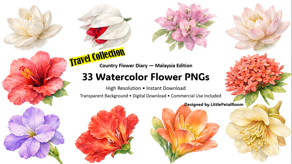 Watercolor Flower PNG Bundle 33pcs | Floral Clipart | 300 DPI | Digital Download