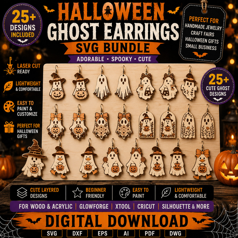 25 Halloween Ghost Earrings SVG Bundle Laser Cut Glowforge Cricut DXF PNG Files