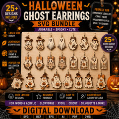 25 Halloween Ghost Earrings SVG Bundle Laser Cut Glowforge Cricut DXF PNG Files