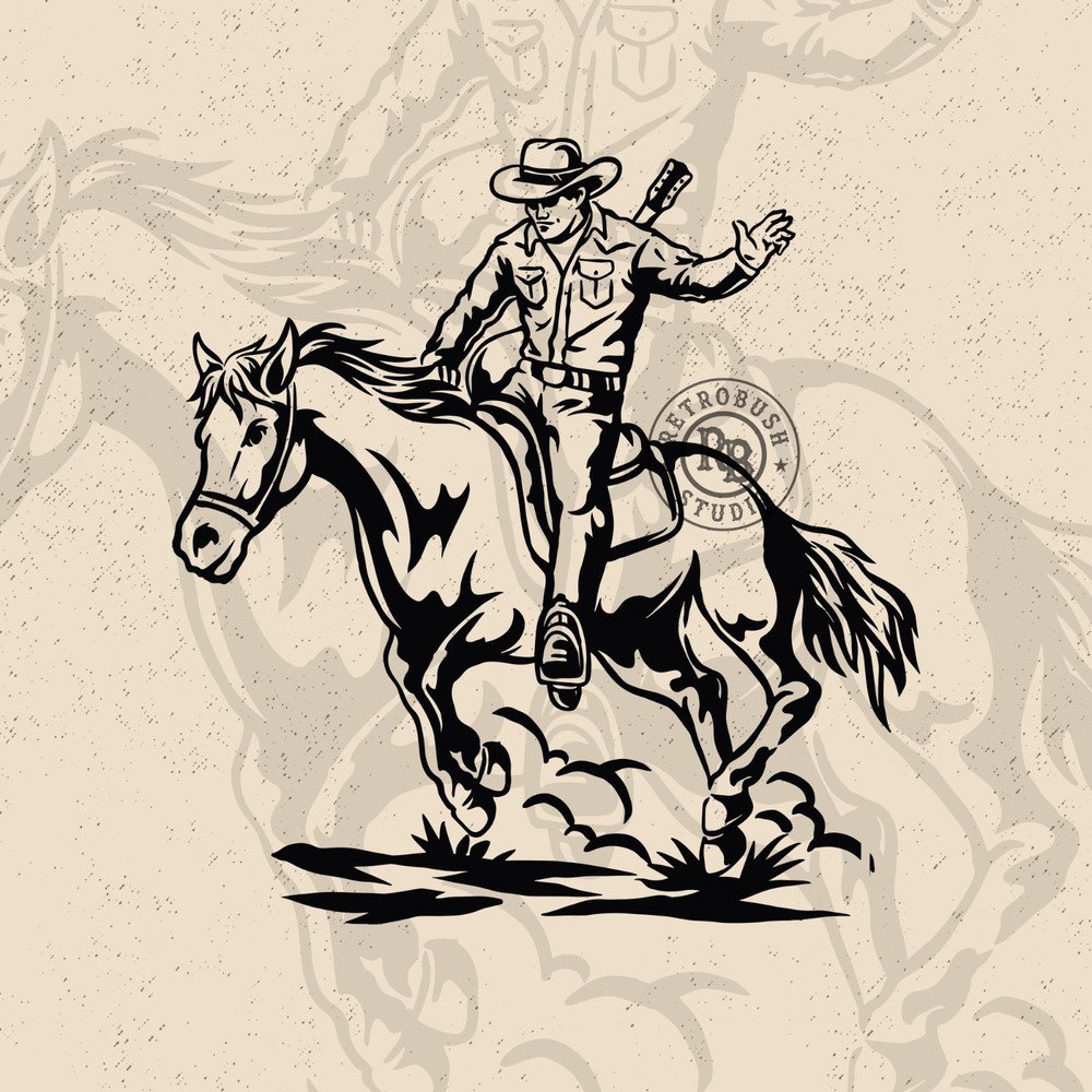 Vintage Cowboy Riding Horse Illustration – Digital Download (PNG, SVG, EPS)