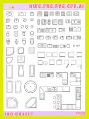 Furniture Template TOP View 180+Line Vector Illustrations Bedroom Living room..