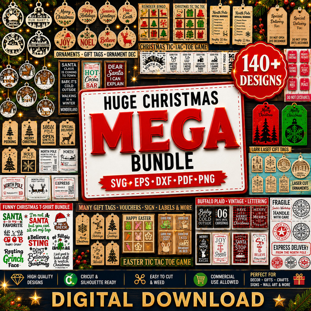 Huge Christmas SVG Mega Bundle, 140+ Laser Cut Designs, Digital Download