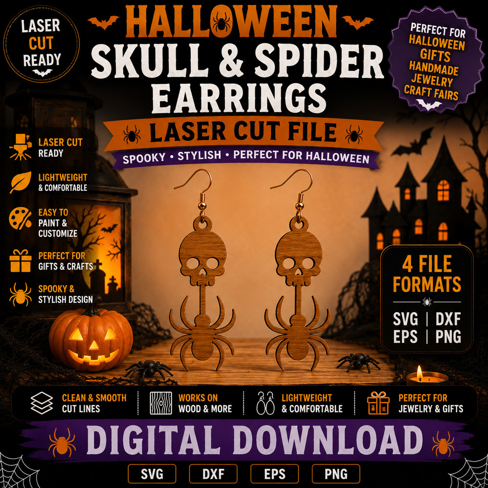 Halloween Skull Spider Earrings SVG Laser Cut File Glowforge Cricut DXF PNG