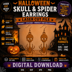 Halloween Skull Spider Earrings SVG Laser Cut File Glowforge Cricut DXF PNG