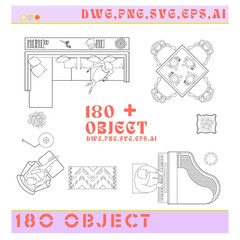 Furniture Template TOP View 180+Line Vector Illustrations Bedroom Living room..