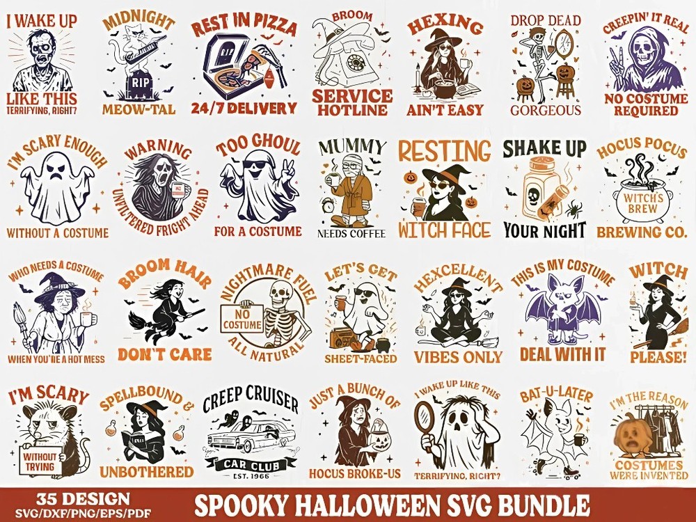 Spooky Halloween SVG PNG Bundle | 35 Designs | Ghost Witch Skeleton Art