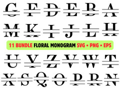 11 Floral Monogram SVG Bundle Alphabet PNG Botanical Split Letter Wedding Cricut