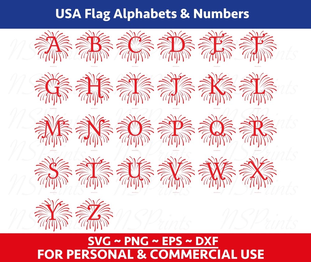 Fireworks FONT Svg, Usa Flag Alphabets and numbers svg, Patriotic Svg, 4th july
