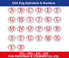 Fireworks FONT Svg, Usa Flag Alphabets and numbers svg, Patriotic Svg, 4th july