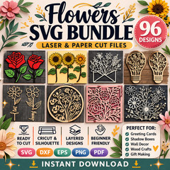 Flowers SVG Bundle, 96 Laser Cut Files, Cricut Silhouette, Digital Download