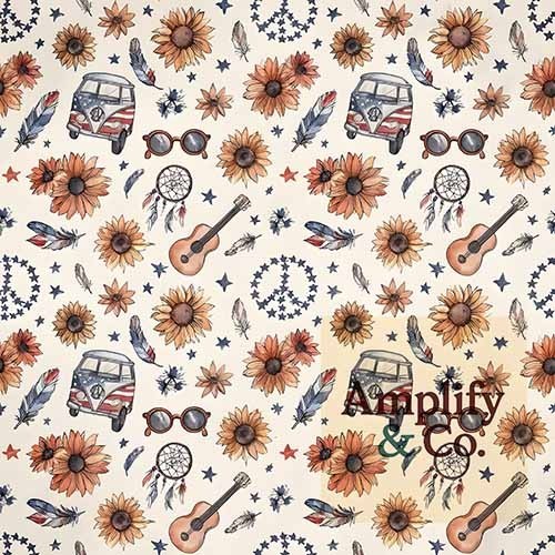 Boho Americana Festival Sunflowers VW Bus 4th of July Hippie Pattern Digital Art