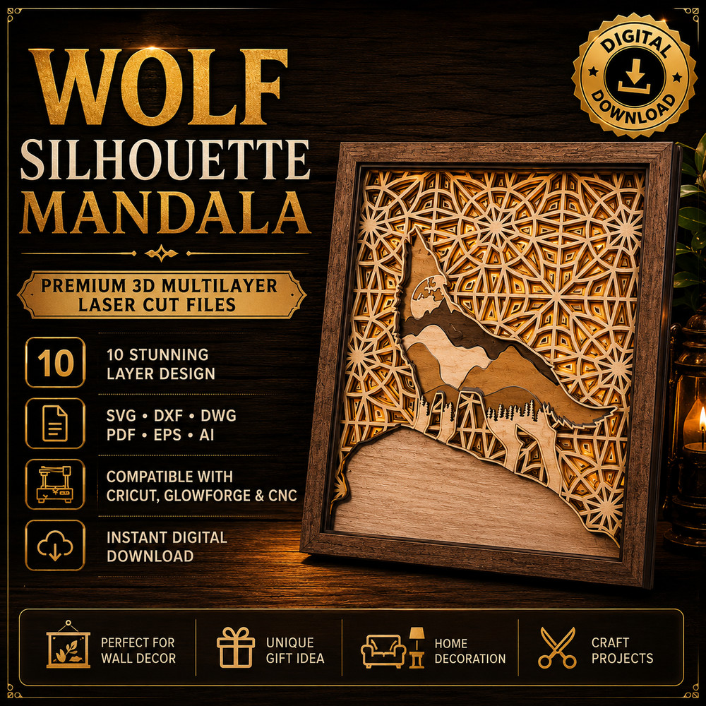 3D Multilayer Wolf Mandala Laser Cut File, Digital Download