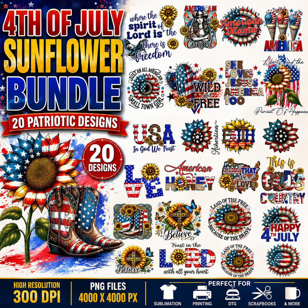 4th of July Sunflower PNG Bundle Sublimation Designs, Digital Download