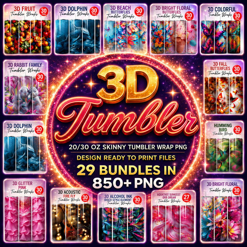 3D Tumbler Wrap Bundle PNG 20oz 30oz Skinny Sublimation , Digital Download