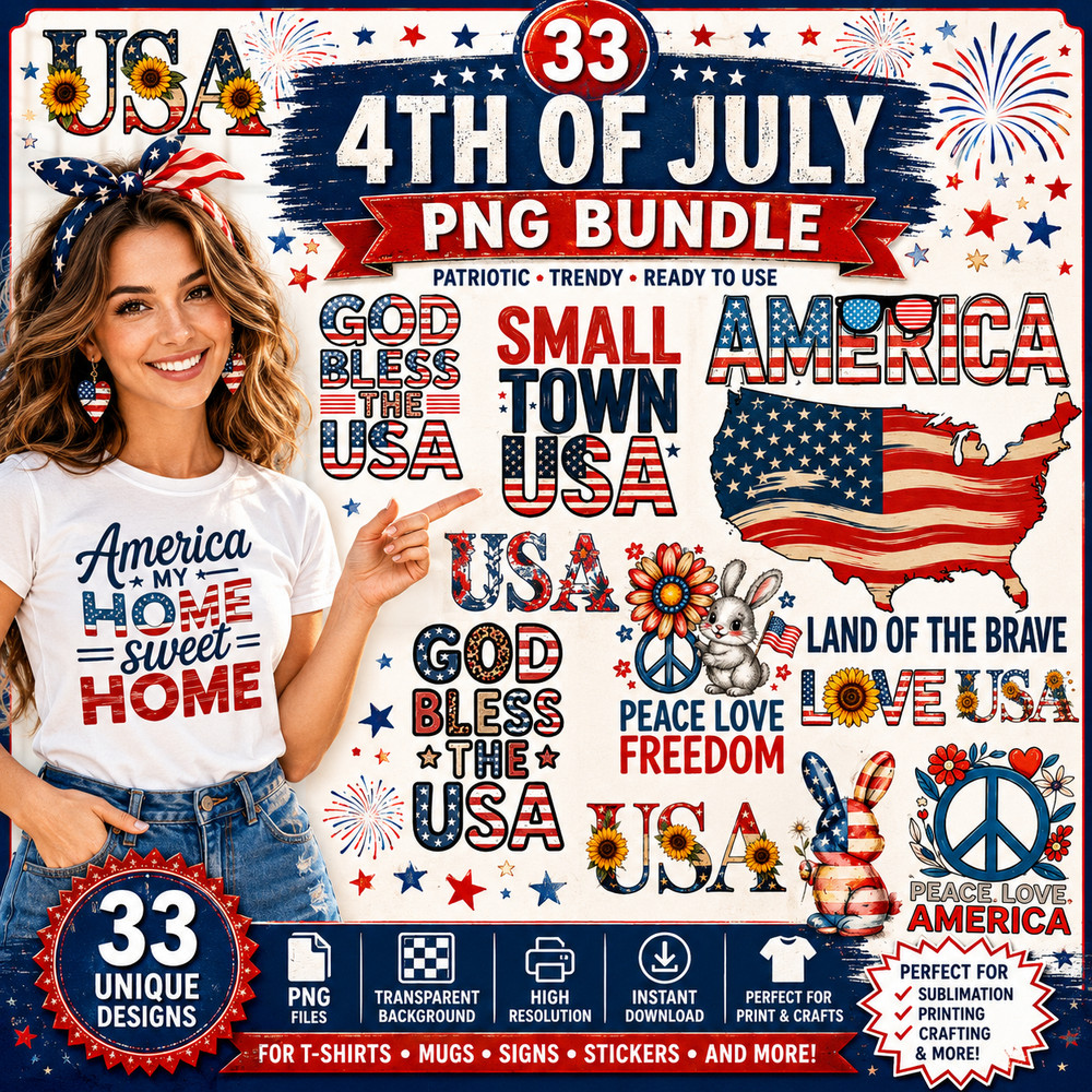 4th of July PNG Sublimation Bundle USA Patriotic Designs, Digital Download
