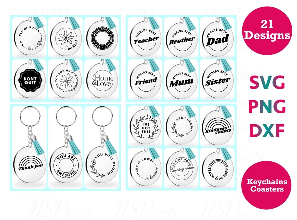 21 Designs Mega Keychain SVG Bundle, Coaster Pattern svg, Round Keychain svg