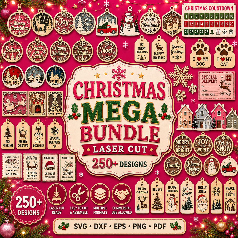 Christmas Mega SVG Bundle 250+ Laser Cut Files Glowforge Cricut Digital Download
