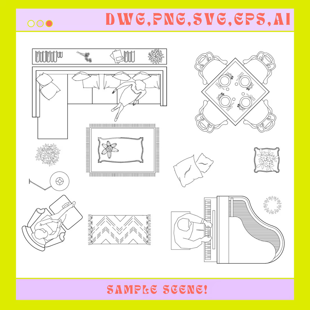 Furniture Template TOP View 180+Line Vector Illustrations Bedroom Living room..