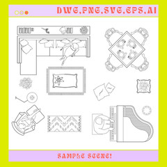 Furniture Template TOP View 180+Line Vector Illustrations Bedroom Living room..