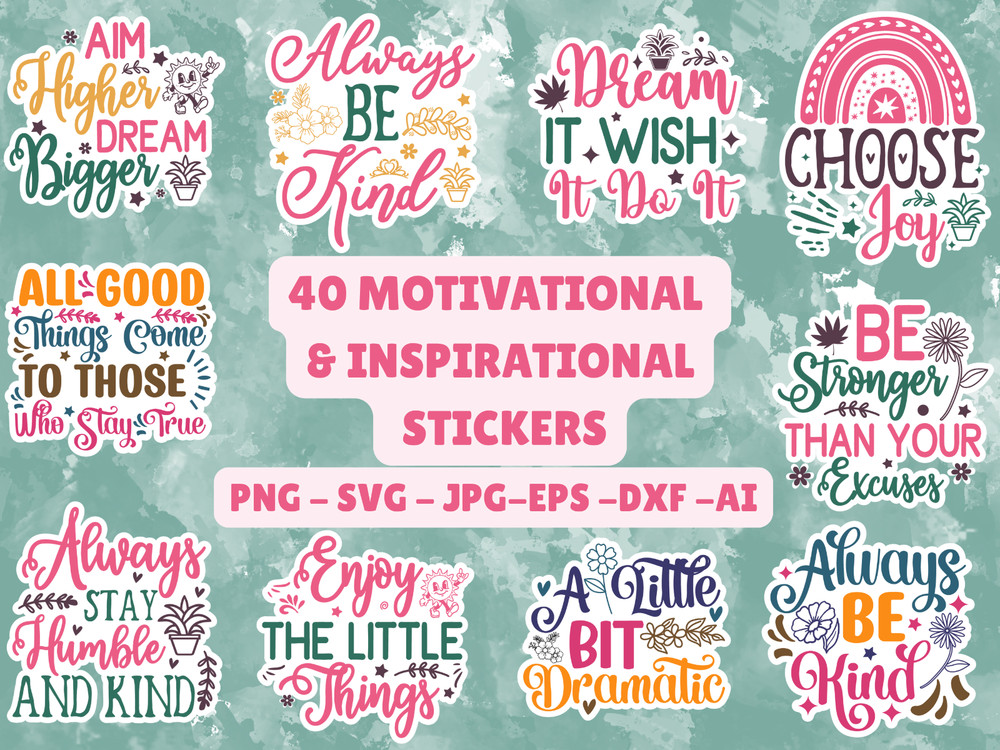 40 Motivational Stickers SVG Bundle Inspirational Sticker Pack PNG Laptop Decals