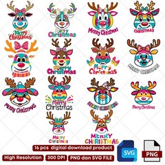 16 pcs Merry Christmas Reindeer Digital Art Festive Cartoon Christmas Design