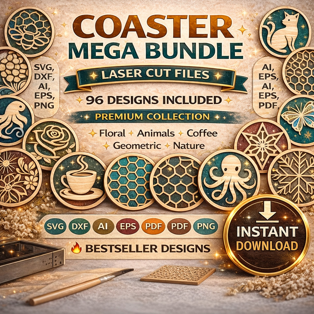 Coasters SVG Bundle, 96 Laser Cut Files, Cricut Glowforge, Digital Download