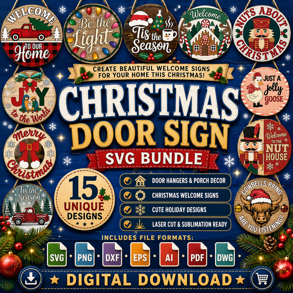 Christmas Door Sign SVG Bundle 15 Designs Glowforge Cricut Digital Download