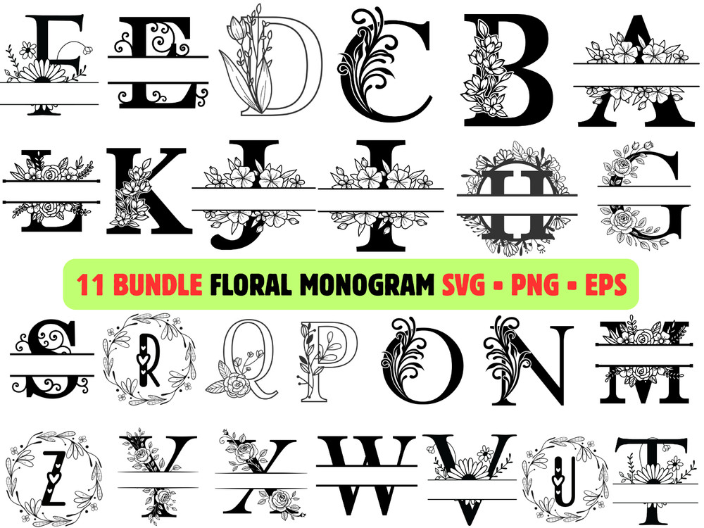 11 Floral Monogram SVG Bundle Alphabet PNG Botanical Split Letter Wedding Cricut