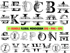 11 Floral Monogram SVG Bundle Alphabet PNG Botanical Split Letter Wedding Cricut