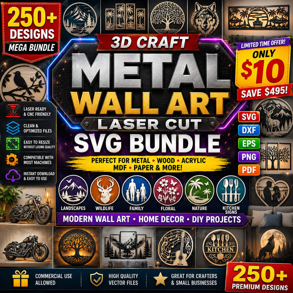 250+ Metal Wall Art SVG Bundle | 3D Laser Cut Files DXF EPS PNG | Glowforge CNC