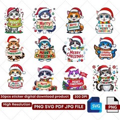 30 Merry Christmas Cat Digital Art Designs Cute Festive Cat Instant Download