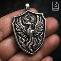 Phoenix Crest Shield Pendant Relief 3D Model STL File for CNC Wood Carving