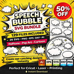 Speech Bubble SVG Bundle, Comic Pop Art, Cricut Clipart Files, Digital Download