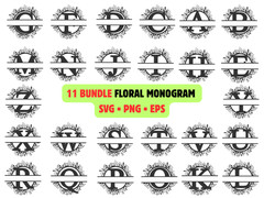 11 Floral Monogram SVG Bundle Alphabet PNG Botanical Split Letter Wedding Cricut