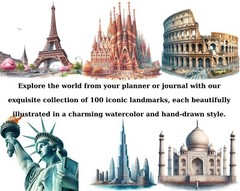 Watercolor Landmarks Clipart, Eiffel Tower Png, Taj Mahal, Statue of Liberty