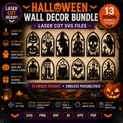 13 Halloween Wall Art Designs, Glowforge, Cricut & xTool Ready, Digital Downlod