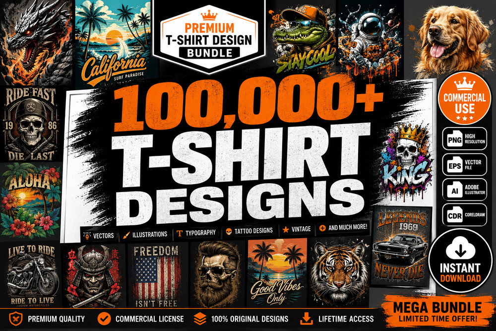 100,000+ Premium T-Shirt Design Bundle PNG SVG AI EPS CDR JPG Digital Download