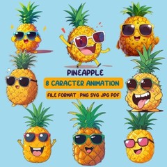 Cool Pineapple Character Digital Art Bundle 8 Fun Cartoon Pineapple Designs gift