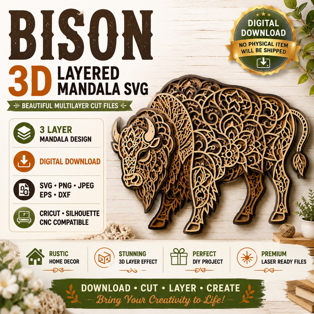 3D Layered Bison Mandala SVG Laser Cut File, Digital Download