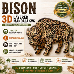 3D Layered Bison Mandala SVG Laser Cut File, Digital Download