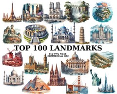 Watercolor Landmarks Clipart, Eiffel Tower Png, Taj Mahal, Statue of Liberty