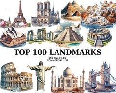 Watercolor Landmarks Clipart, Eiffel Tower Png, Taj Mahal, Statue of Liberty
