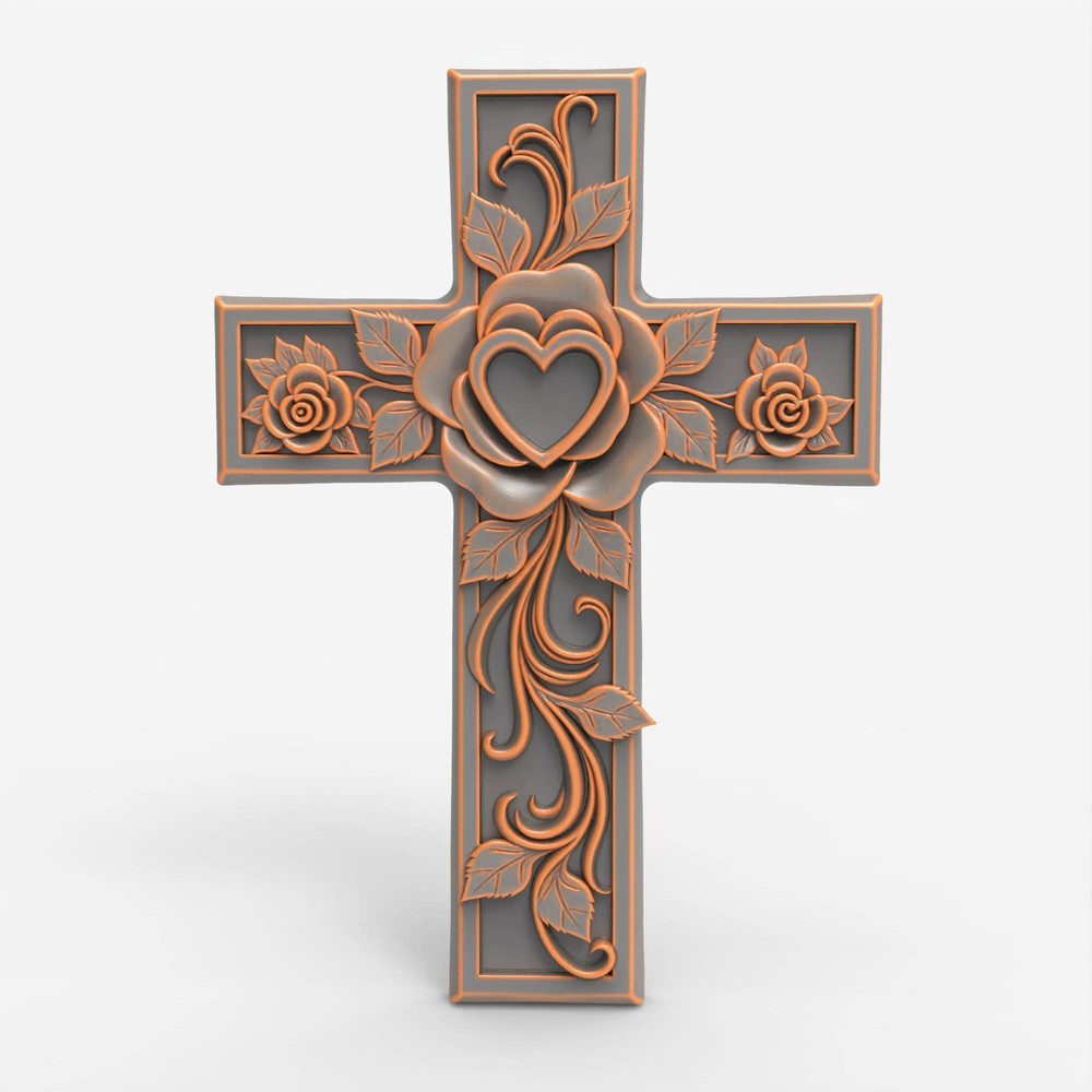 Digital Floral Heart Cross – STL – 3D Model for CNC / 3D Print