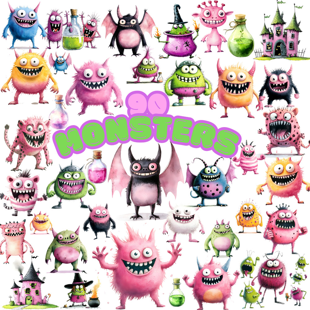 Watercolor Monsters Creatures Clip Art Sublimation Design Digital Clipart PNG