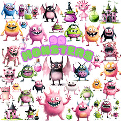 Watercolor Monsters Creatures Clip Art Sublimation Design Digital Clipart PNG
