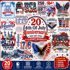 4th of July 250th Anniversary USA PNG Bundle, Digital Download