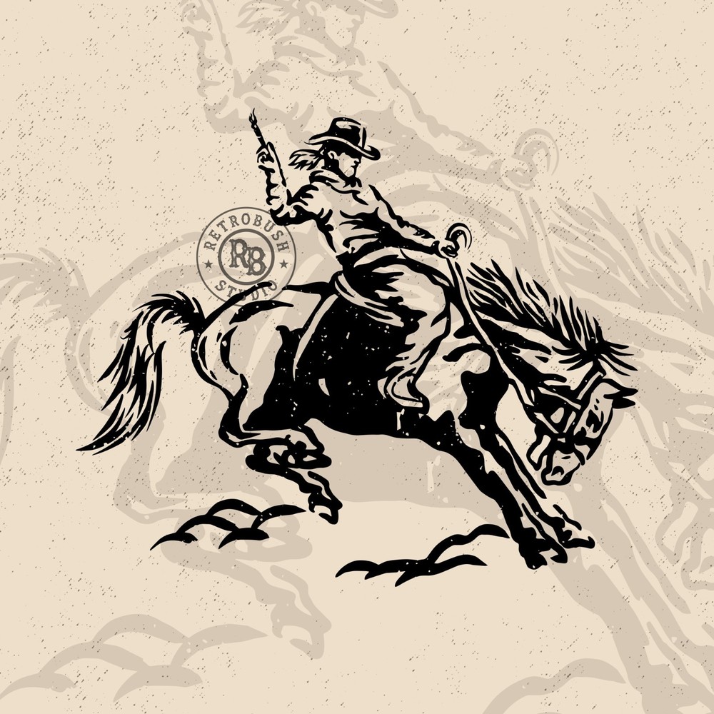 Vintage Cowboy Riding Horse Illustration – Digital Download (PNG, SVG, EPS)