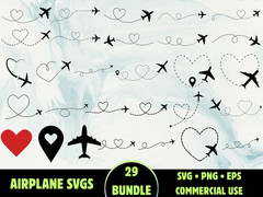 29 Airplane Heart Trail SVG Bundle Flight Path Love Travel PNG Map Pin Cricut EP